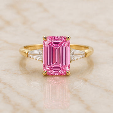 Regent emerald-cut pink lab-grown diamond three-stone engagement ring in yellow gold