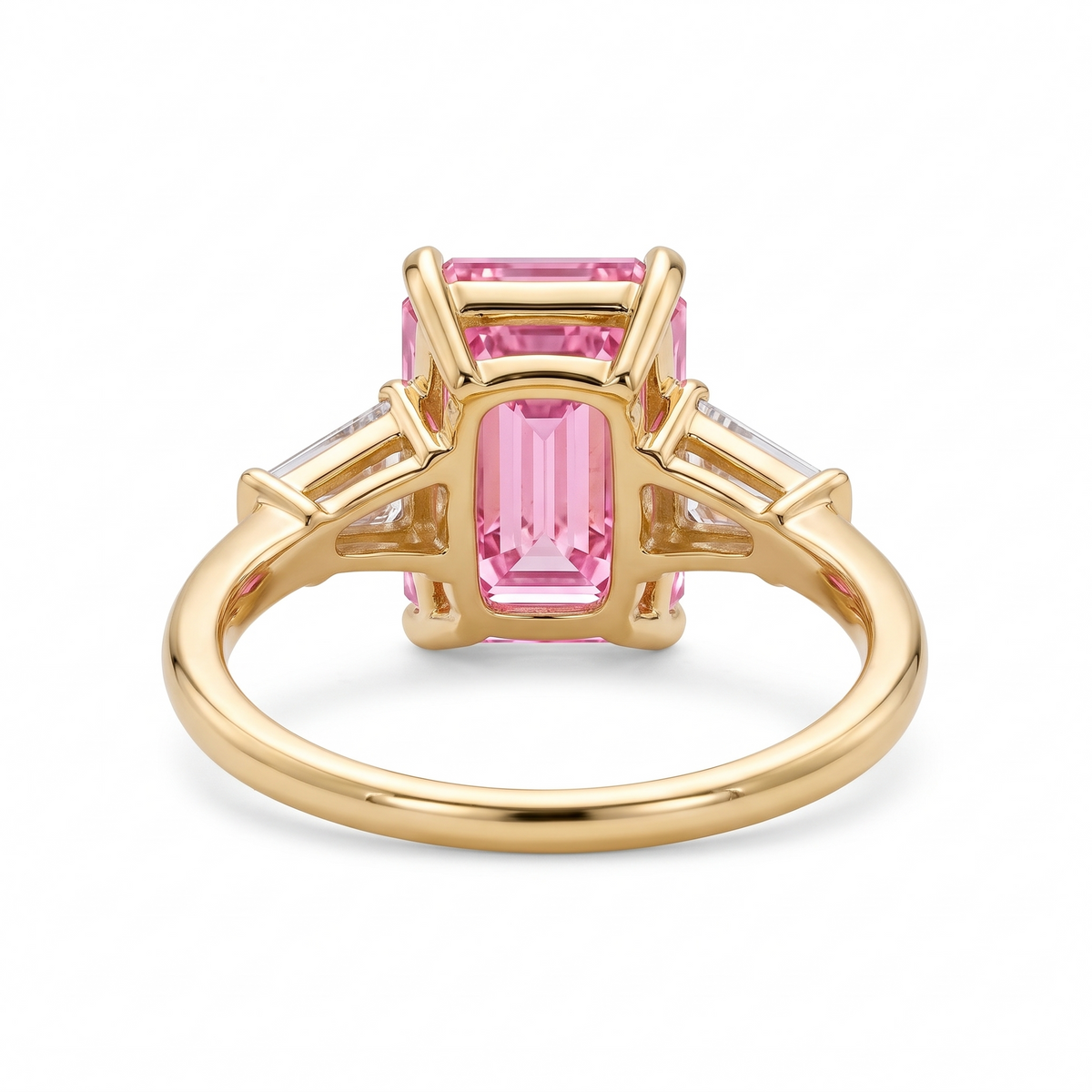 Regent Emerald-Cut Pink Lab-Grown Diamond Three-Stone Engagement Ring side and rear construction view on white background