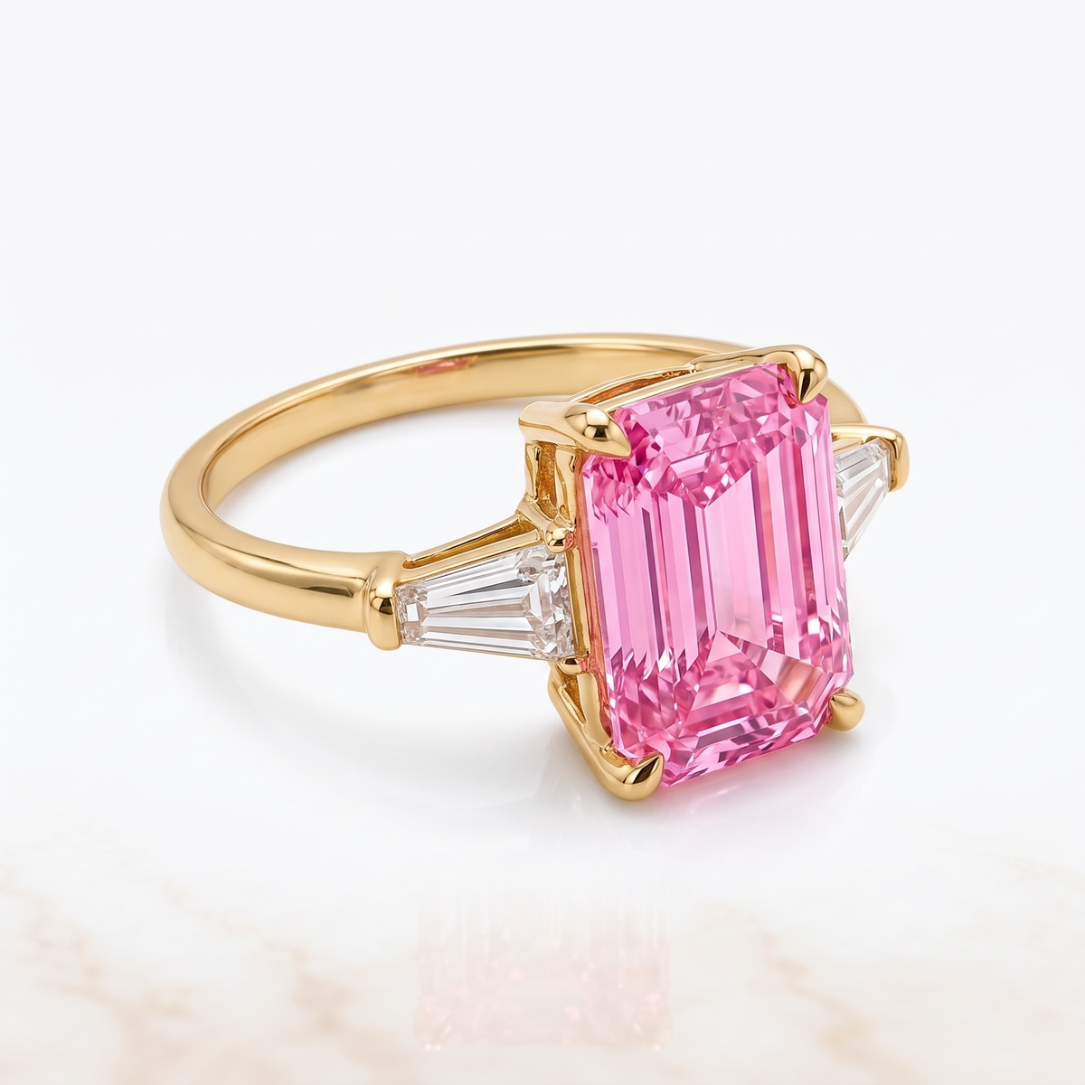 Regent Emerald-Cut Pink Lab-Grown Diamond Three-Stone Engagement Ring three-quarter catalog view on white background