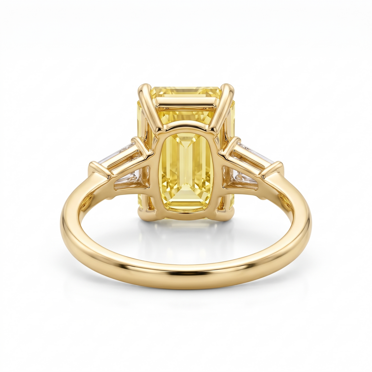 Regent Emerald-Cut Yellow Lab-Grown Diamond Three-Stone Engagement Ring side and rear construction view on white background