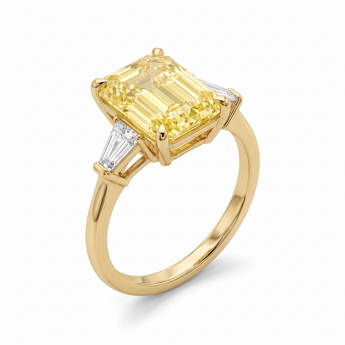 Regent Emerald-Cut Yellow Lab-Grown Diamond Three-Stone Engagement Ring three-quarter catalog view on white background