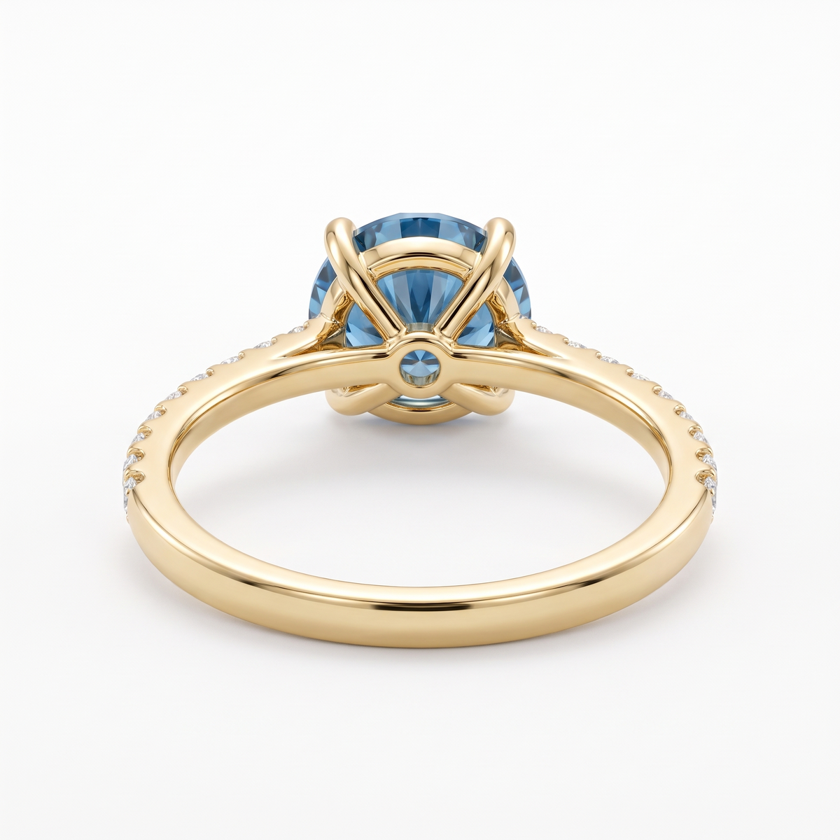 Blue Round Lab-Grown Diamond Pavé Engagement Ring side and rear construction view on white background
