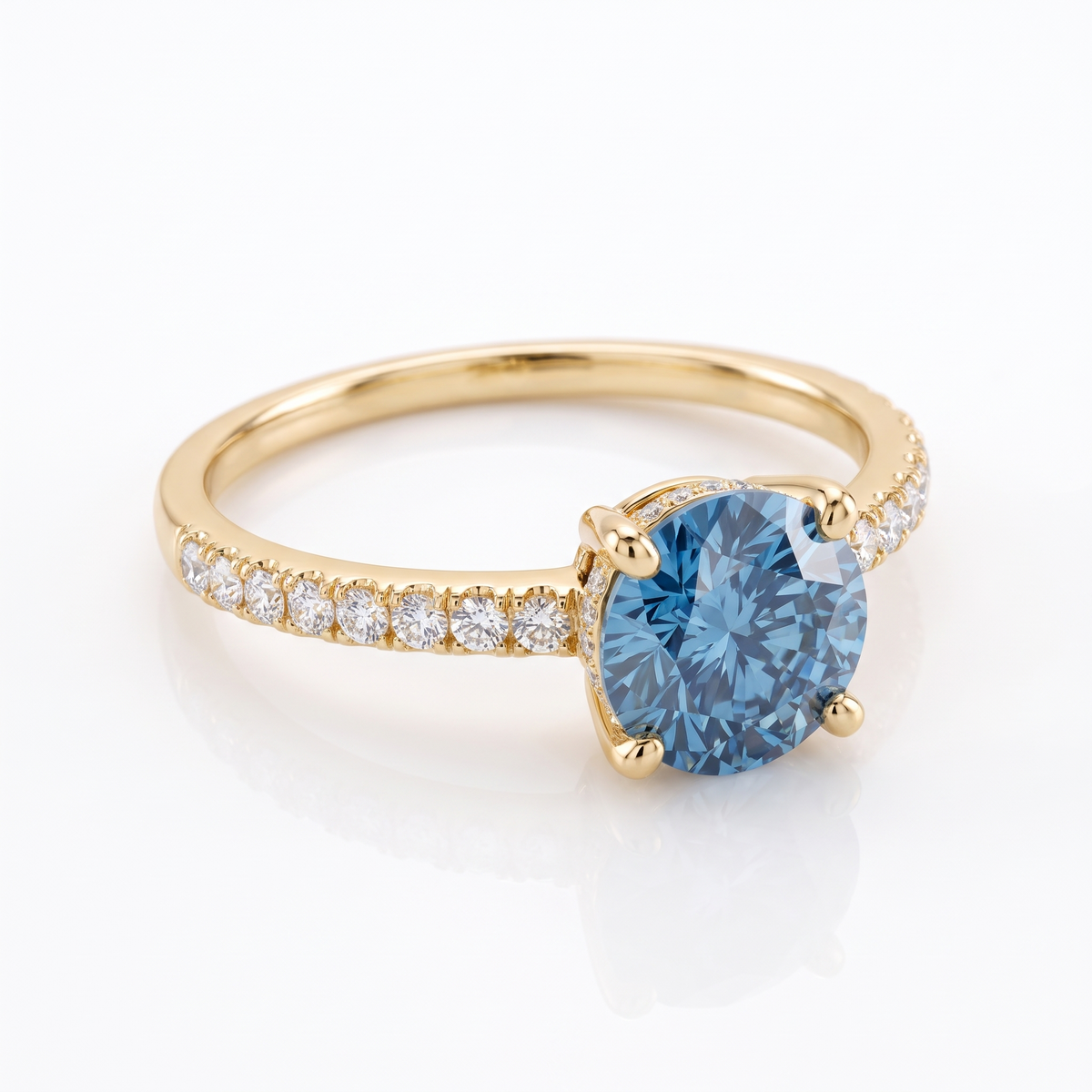 Blue Round Lab-Grown Diamond Pavé Engagement Ring three-quarter catalog view on white background