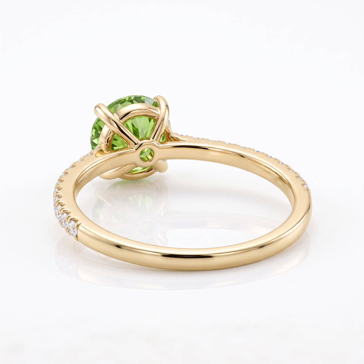 Green Round Lab-Grown Diamond Pavé Engagement Ring side and rear construction view on white background
