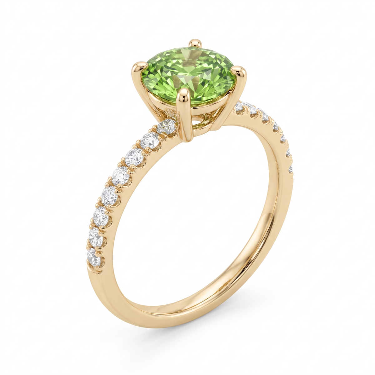 Green Round Lab-Grown Diamond Pavé Engagement Ring three-quarter catalog view on white background