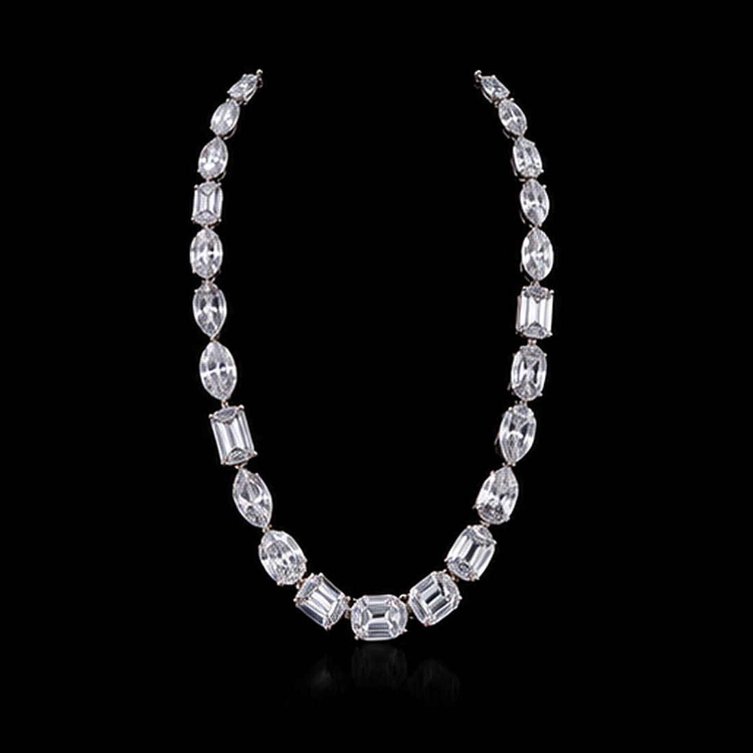 1Luxury signature mixed fancy-shape diamond tennis necklace design render on a black background