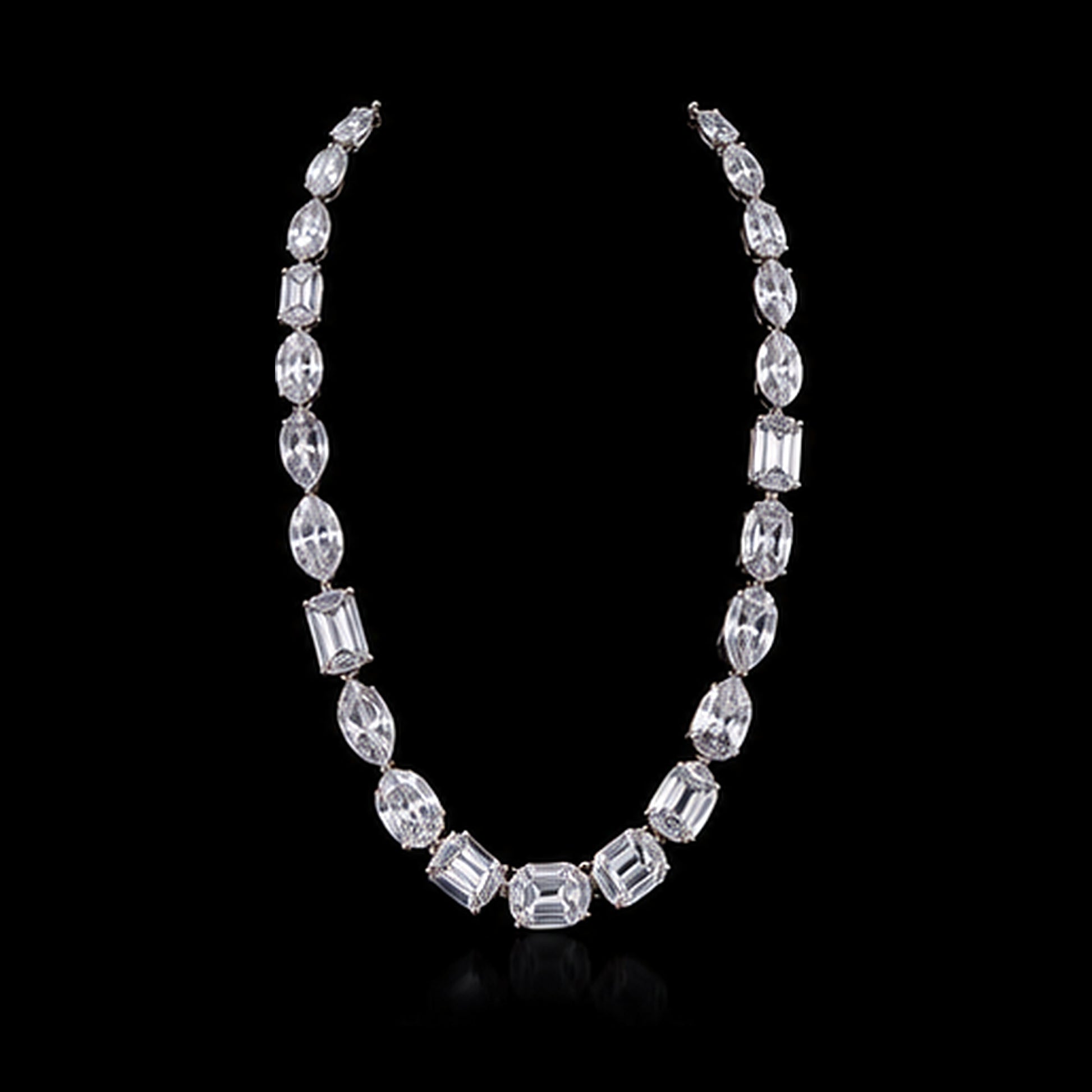 1Luxury signature mixed fancy-shape diamond tennis necklace design render on a black background