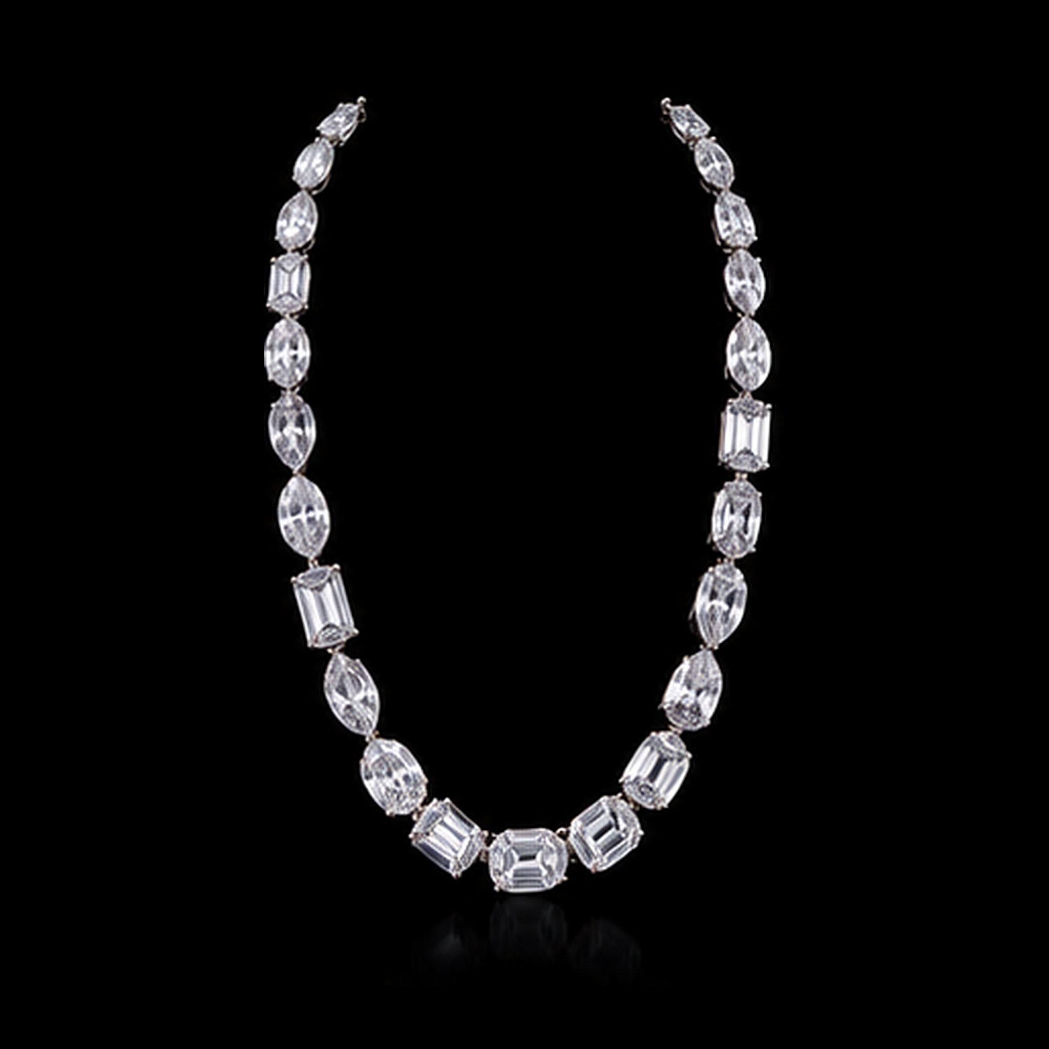 1Luxury signature mixed fancy-shape diamond tennis necklace design render on a black background