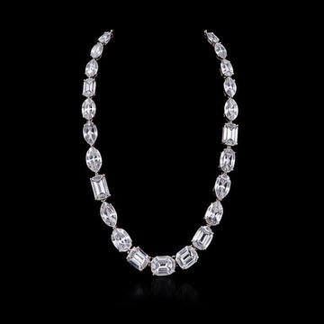 1Luxury signature mixed fancy-shape diamond tennis necklace design render on a black background