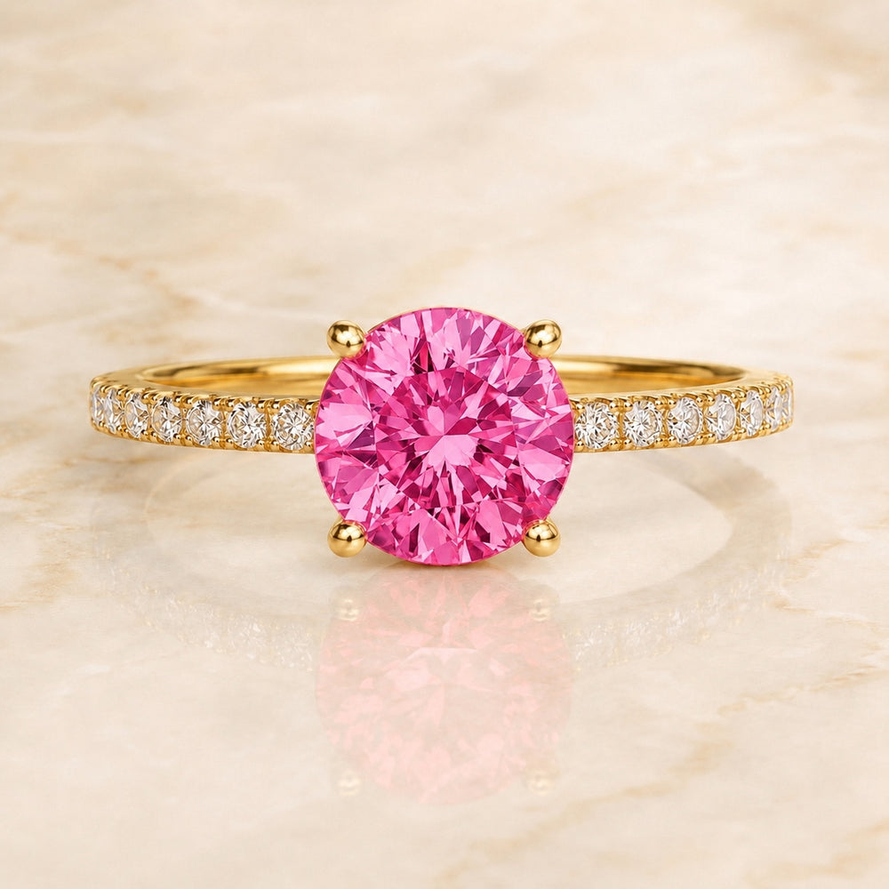 Solara round pink lab-grown diamond pavé engagement ring in yellow gold