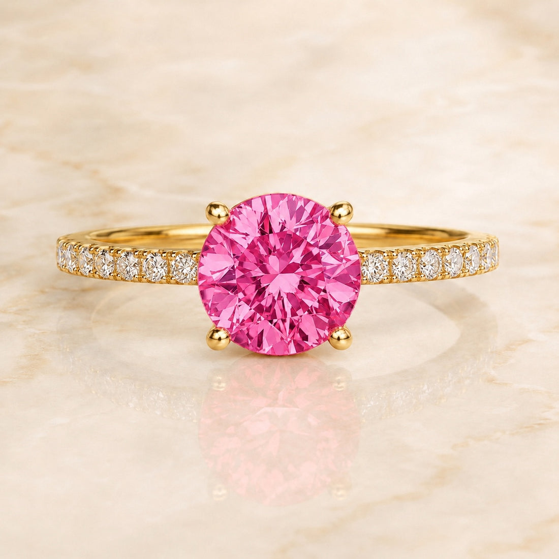 Solara round pink lab-grown diamond pavé engagement ring in yellow gold
