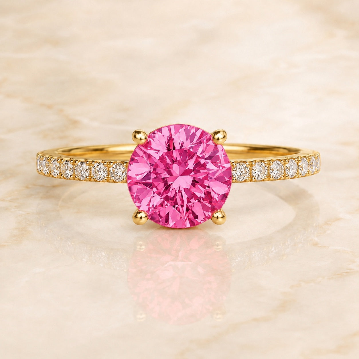 Solara round pink lab-grown diamond pavé engagement ring in yellow gold