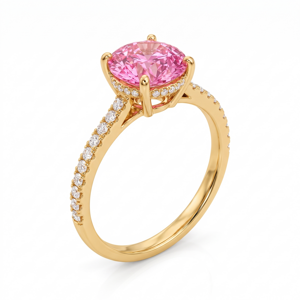 Solara Round Pink Lab-Grown Diamond Pavé Engagement Ring three-quarter catalog view on white background