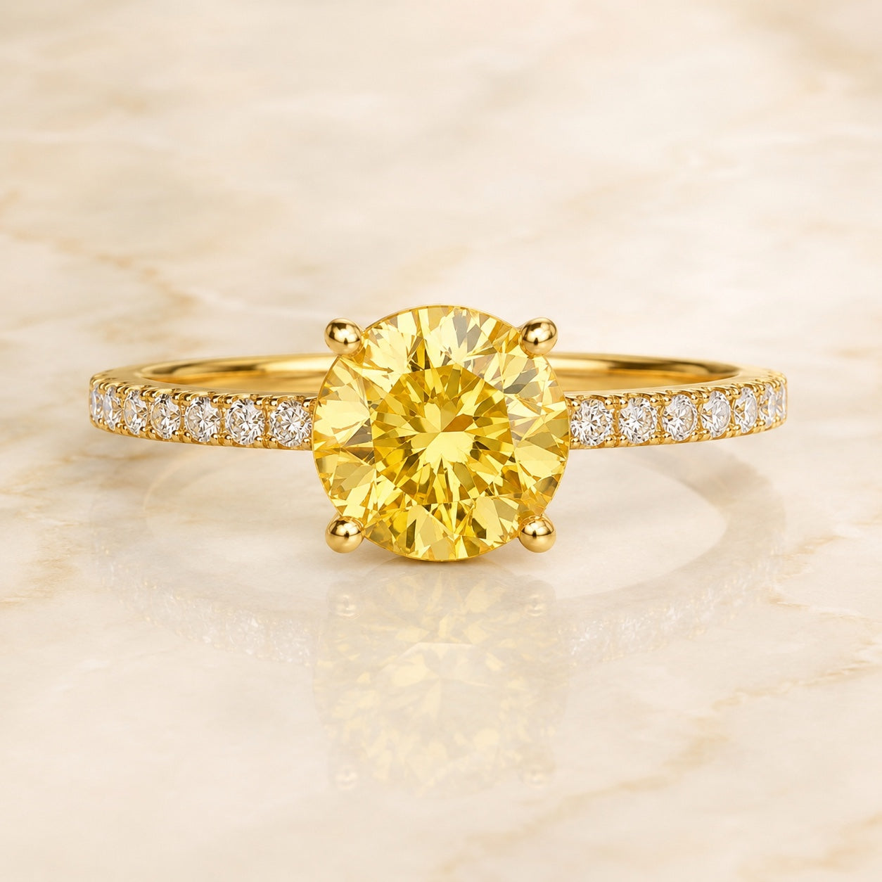 Solara round yellow lab-grown diamond pavé engagement ring in yellow gold