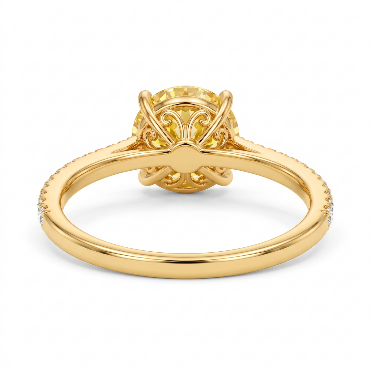 Solara Round Yellow Lab-Grown Diamond Pavé Engagement Ring side and rear construction view on white background
