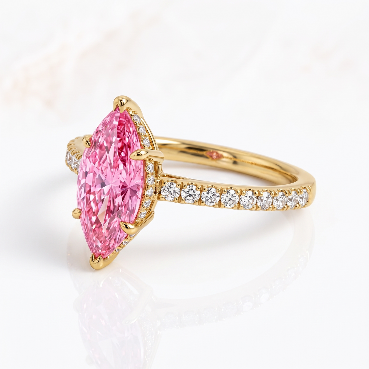 Soleil Marquise Pink Lab-Grown Diamond Pavé Engagement Ring three-quarter catalog view on white background