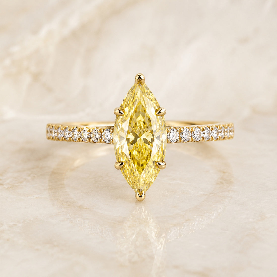 Soleil marquise yellow lab-grown diamond pavé engagement ring in yellow gold