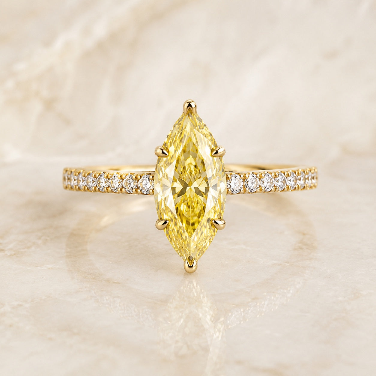 Soleil marquise yellow lab-grown diamond pavé engagement ring in yellow gold