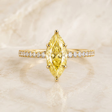 Soleil marquise yellow lab-grown diamond pavé engagement ring in yellow gold