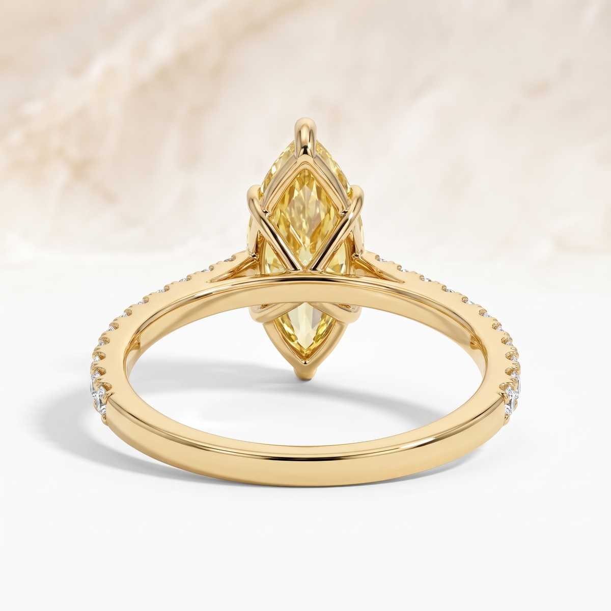 Soleil Marquise Yellow Lab-Grown Diamond Pavé Engagement Ring side and rear construction view on white background