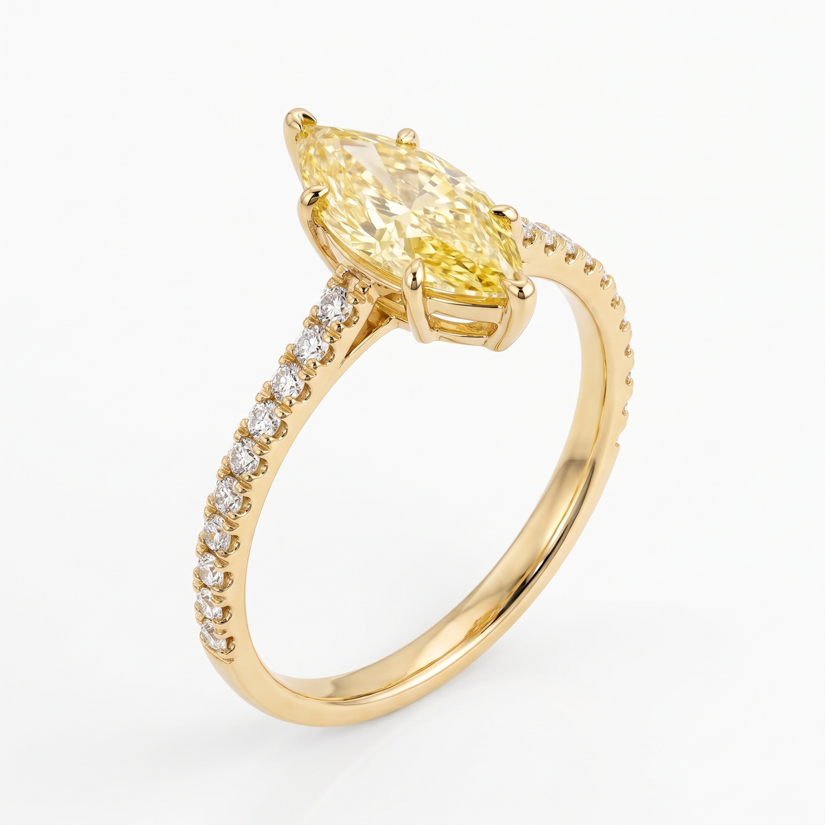 Soleil Marquise Yellow Lab-Grown Diamond Pavé Engagement Ring three-quarter catalog view on white background