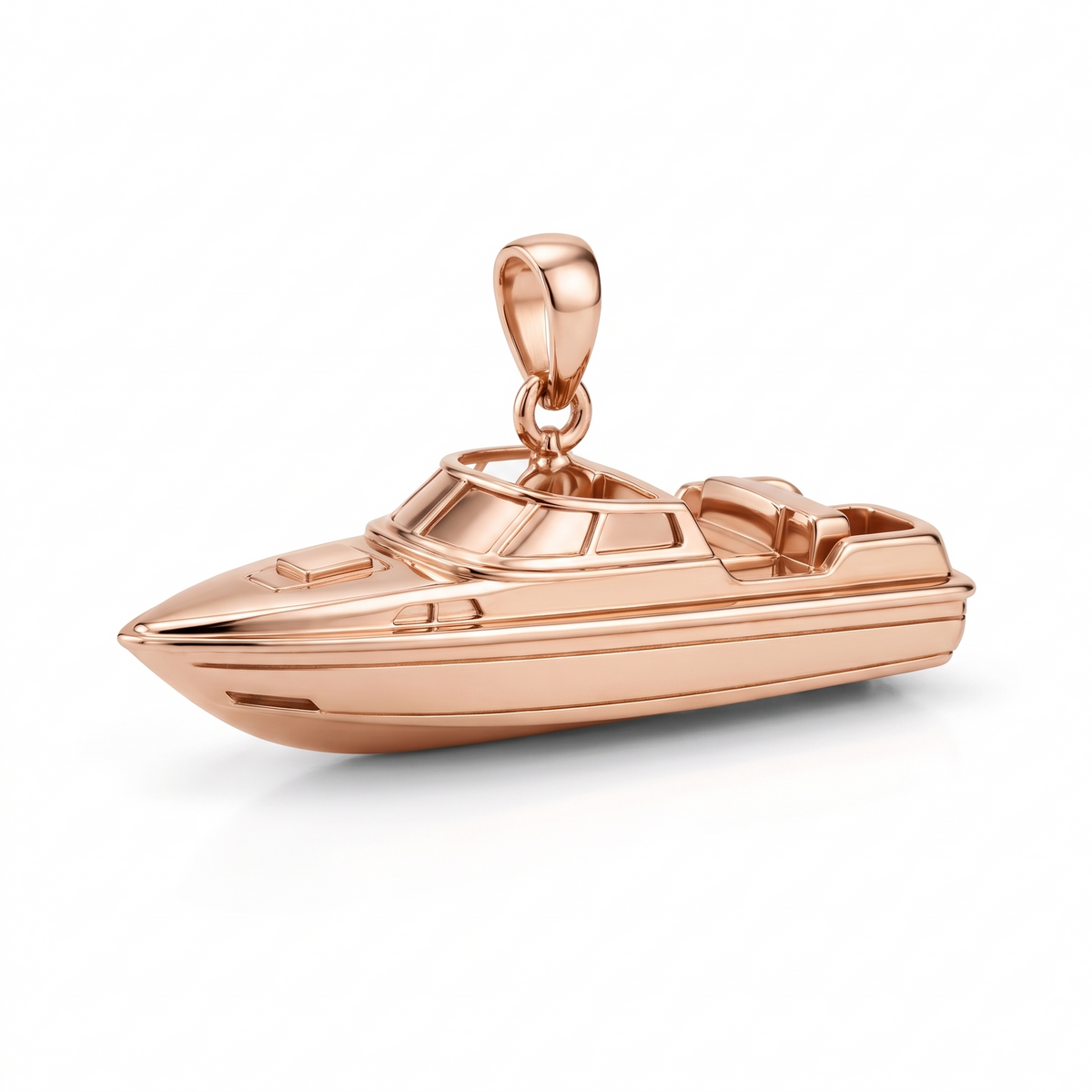 Solid Gold Sport Cruiser Boat Pendant shown in rose-gold color variation on white background