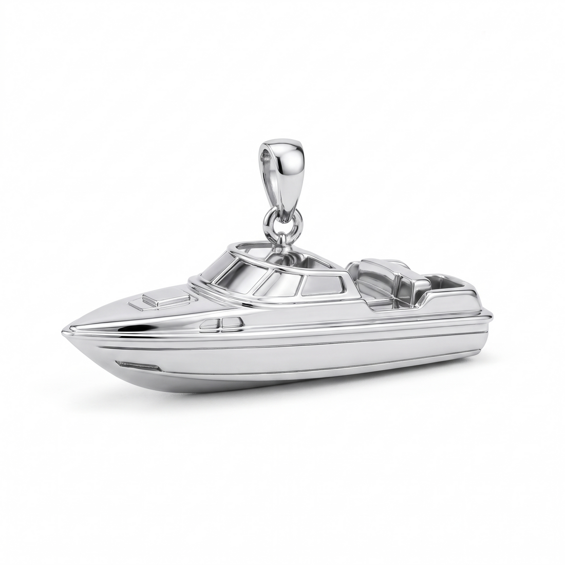 Solid Gold Sport Cruiser Boat Pendant shown in white-gold color variation on white background