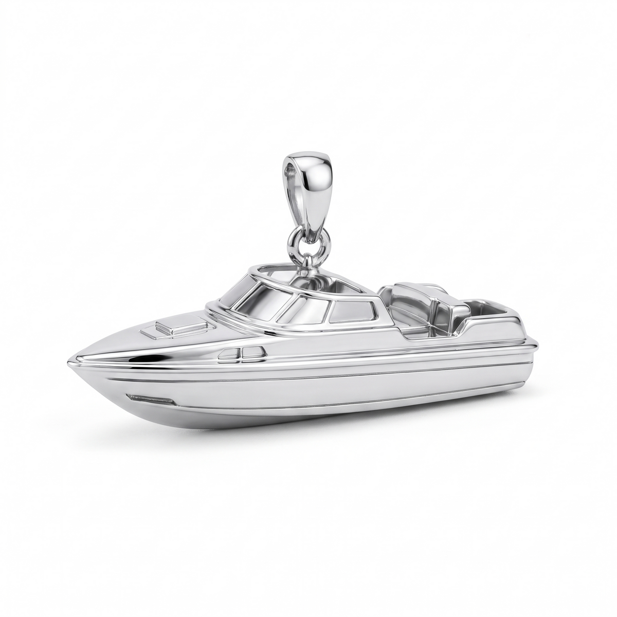 Solid Gold Sport Cruiser Boat Pendant shown in white-gold color variation on white background