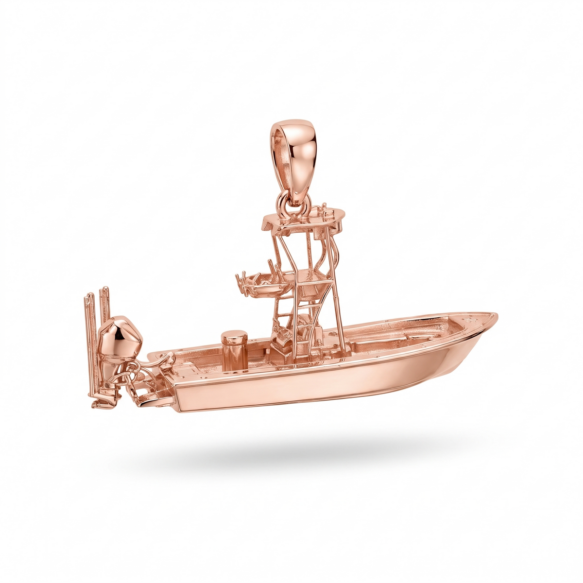Solid Gold Wake Boat Pendant shown in rose-gold color variation on white background