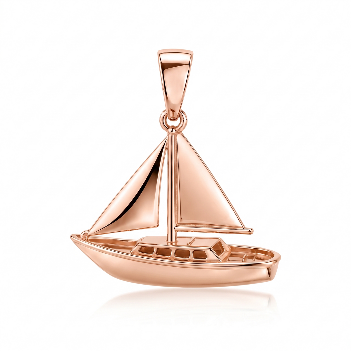 Solid Gold Sailboat Pendant shown in rose-gold color variation on white background