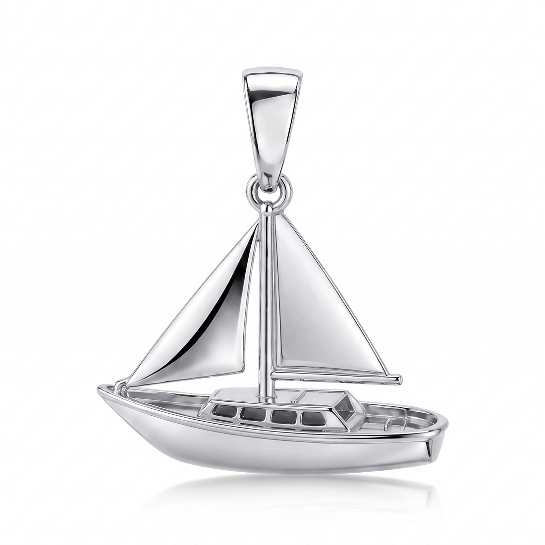 Solid Gold Sailboat Pendant shown in white-gold color variation on white background