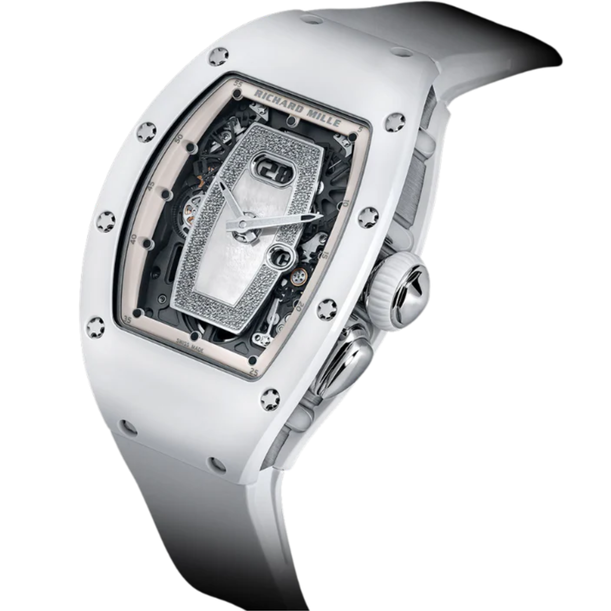 RM 037 Ladies’ White Ceramic Rubber Strap Mother-Of-Pearl Dial Encrusted With a Myriad of Diamonds White Gold Case
