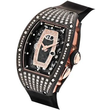 RM 037 Ladies’ Rose Gold Carbon Tpt Diamond Set Black Rubber Strap Skeletal Dial  Rose Gold Case Diamond Set Bezel