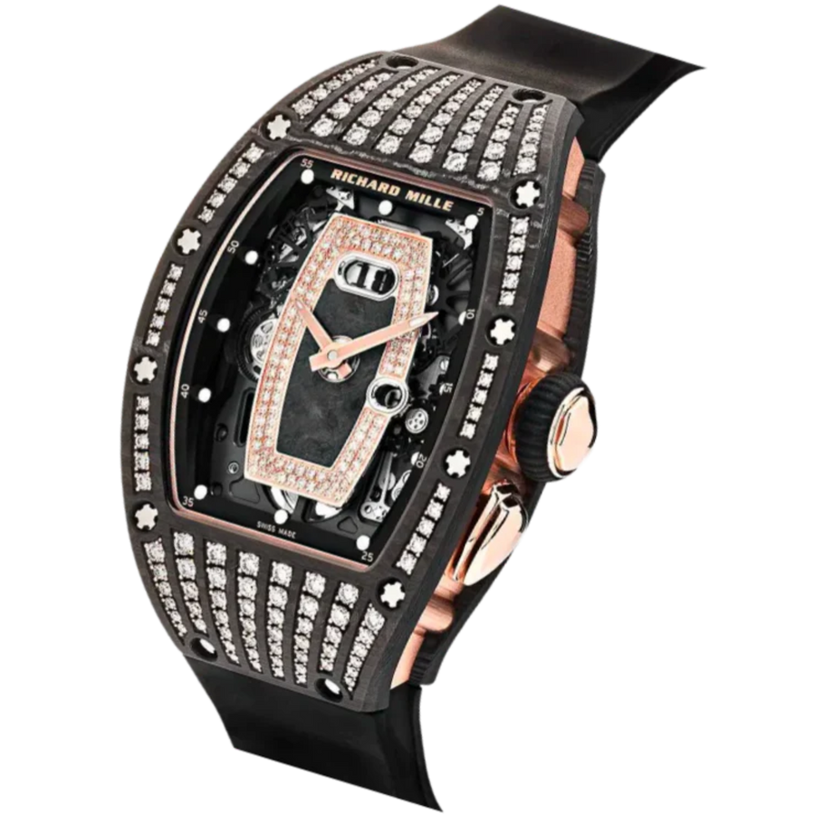 Richard Mille RM 037 Rose Gold Carbon TPT Diamond-Set Diamond Set Black Rubber Strap Skeletal Dial Rubber Strap luxury watch at 1Luxury Miami