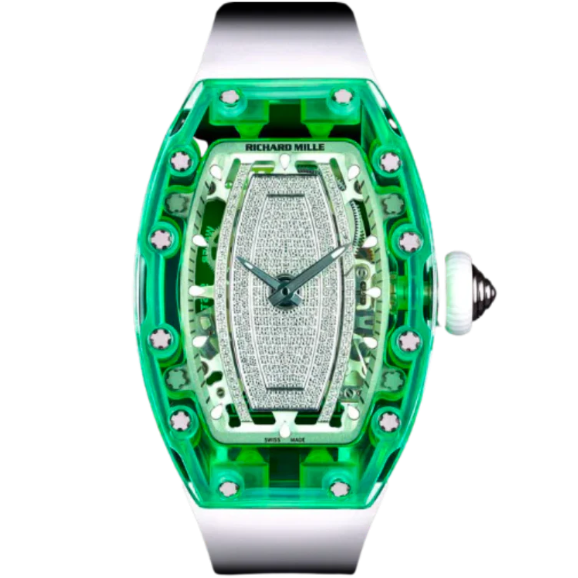 RM 07-02 Green Sapphire White Rubber Strap Green Mother-Of-Pearl Jasper or Pave Stones Dial Green Sapphire Case