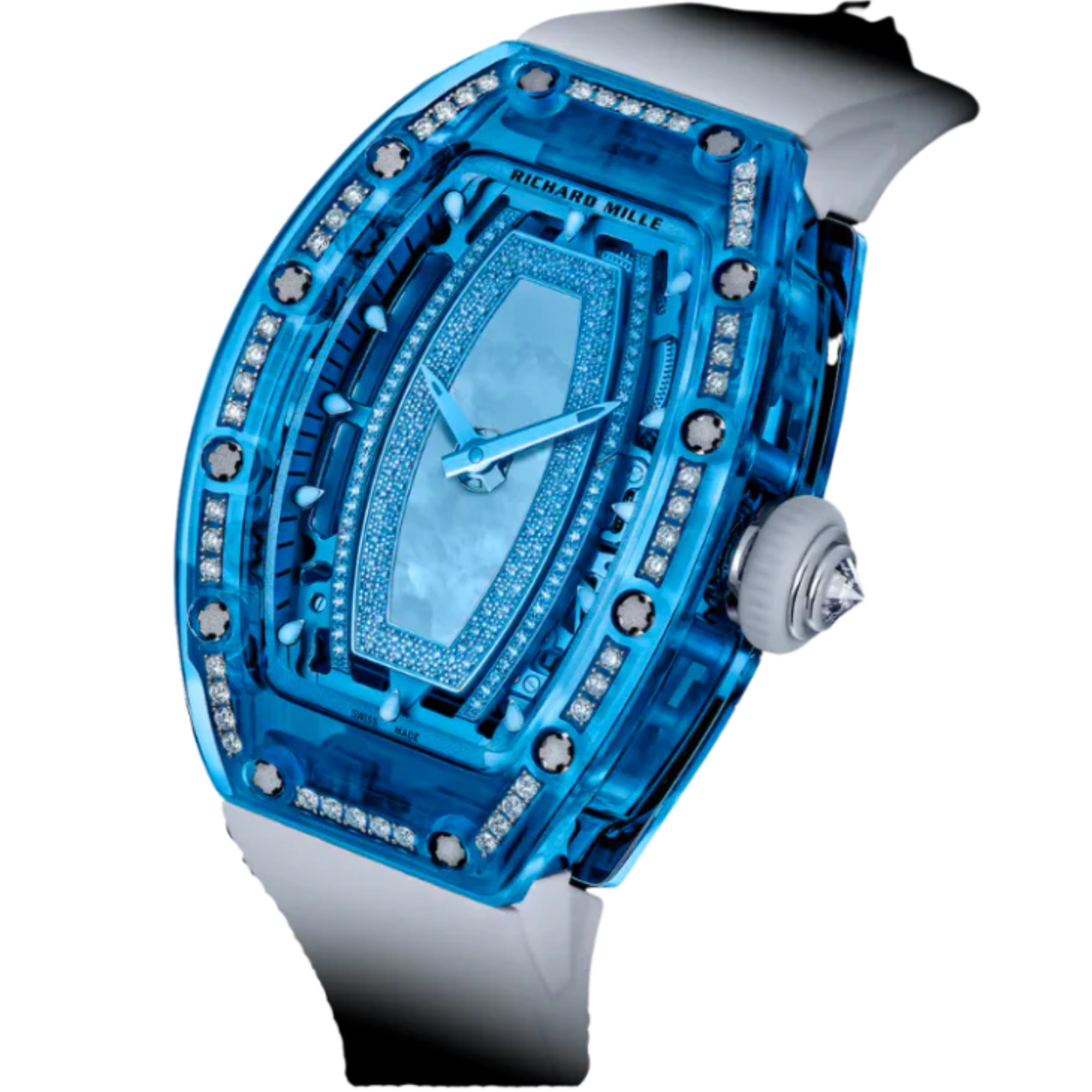 RM 07-02 Blue Sapphire White Rubber Strap Blue Mother-Of-Pearl Jasper or Pave Stones Dial Blue Sapphire Case