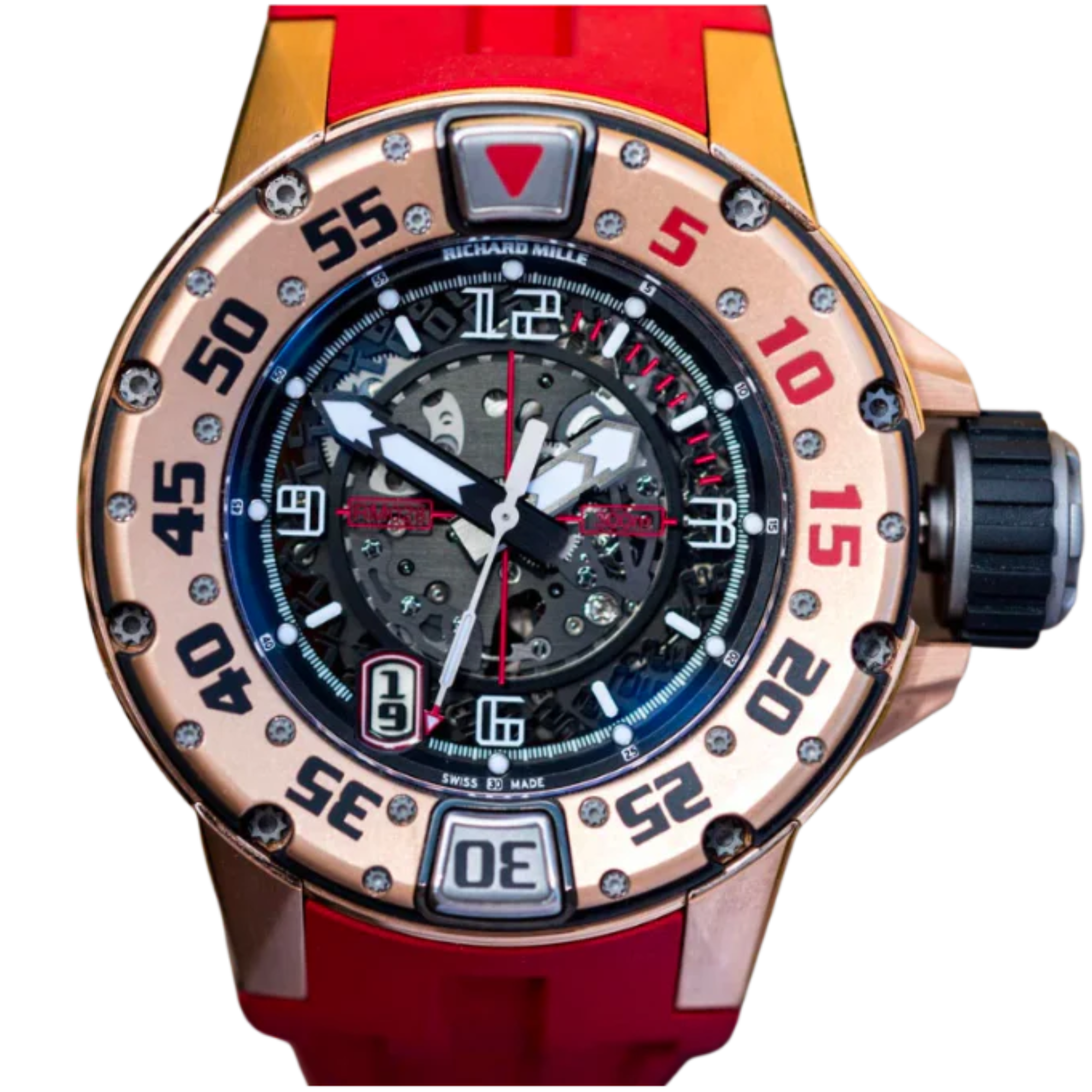 RM 028 Diver Rose Gold Automatic Red Rubber Strap Titanium Case