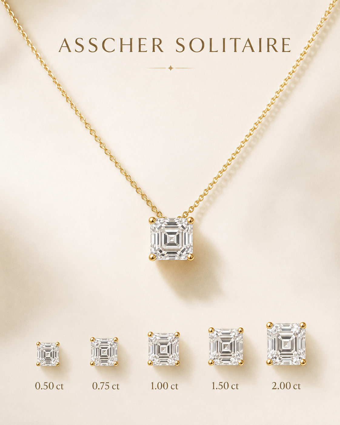 1Luxury Miami asscher-cut lab-grown or natural diamond solitaire necklace in solid gold with 18-inch cable-link chain — digital design representation