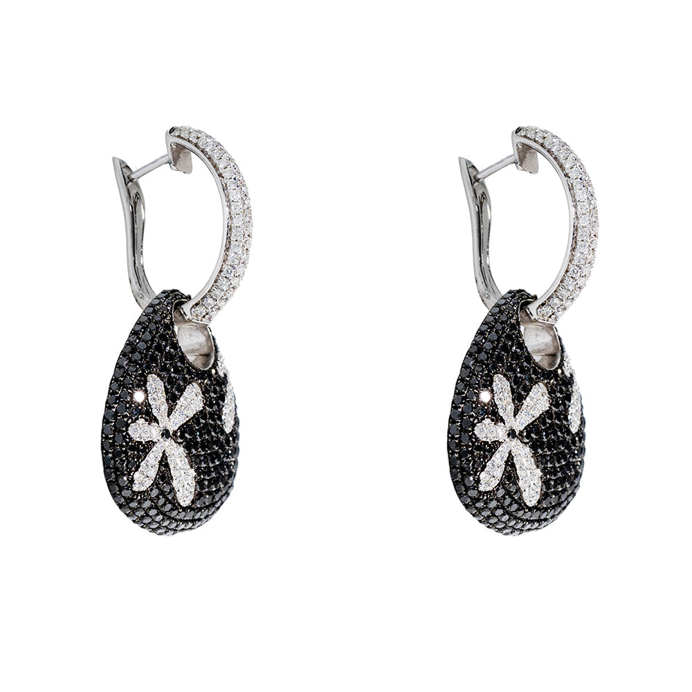 Flower Earrings With Black And White Diamonds