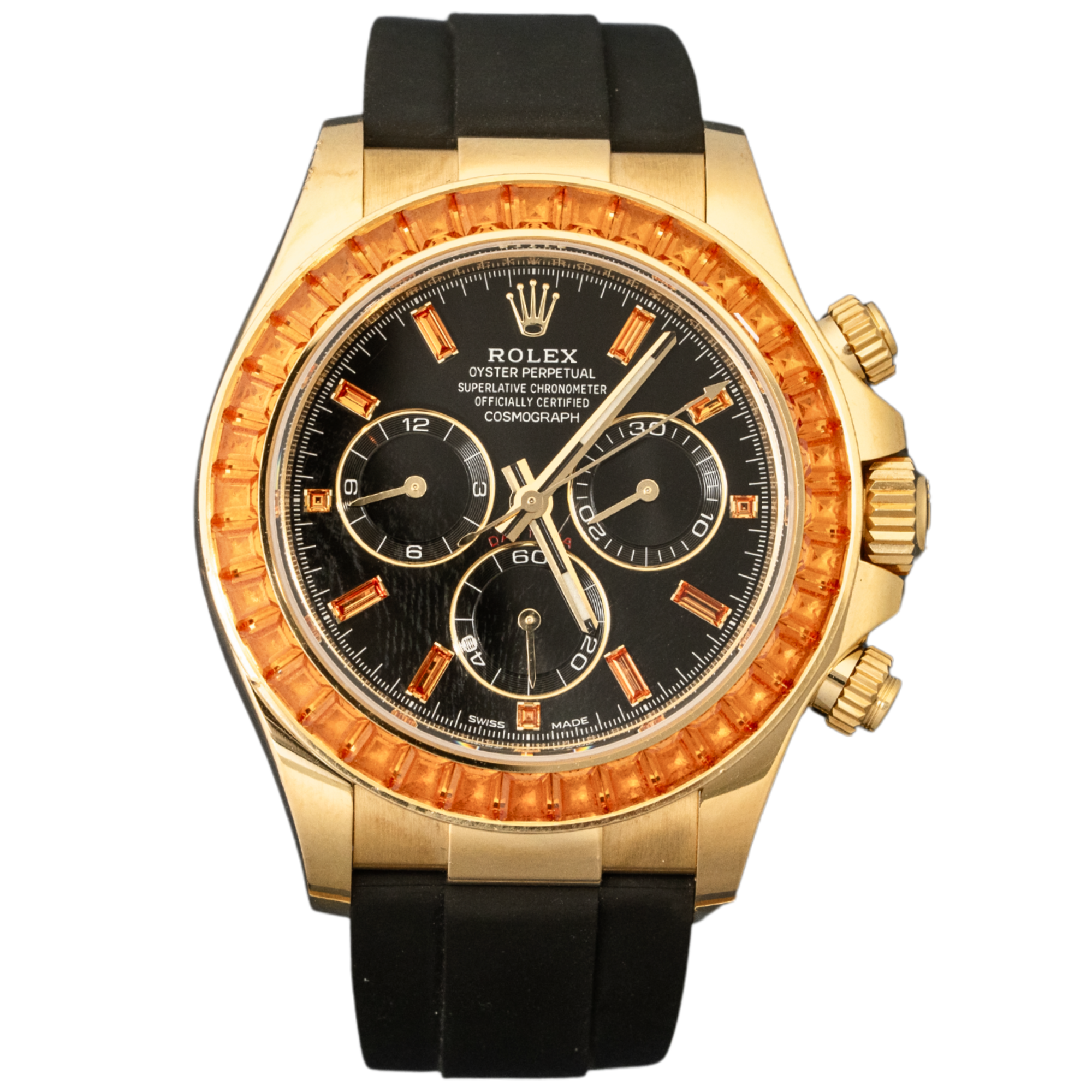 Rolex Daytona Ref. 116588SACO Yellow Gold Black Dial on Oysterflex with Orange Sapphire Bezel