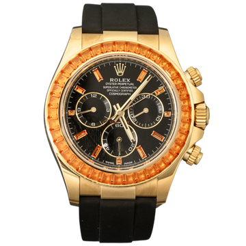 Rolex Daytona Ref. 116588SACO Yellow Gold Black Dial on Oysterflex with Orange Sapphire Bezel