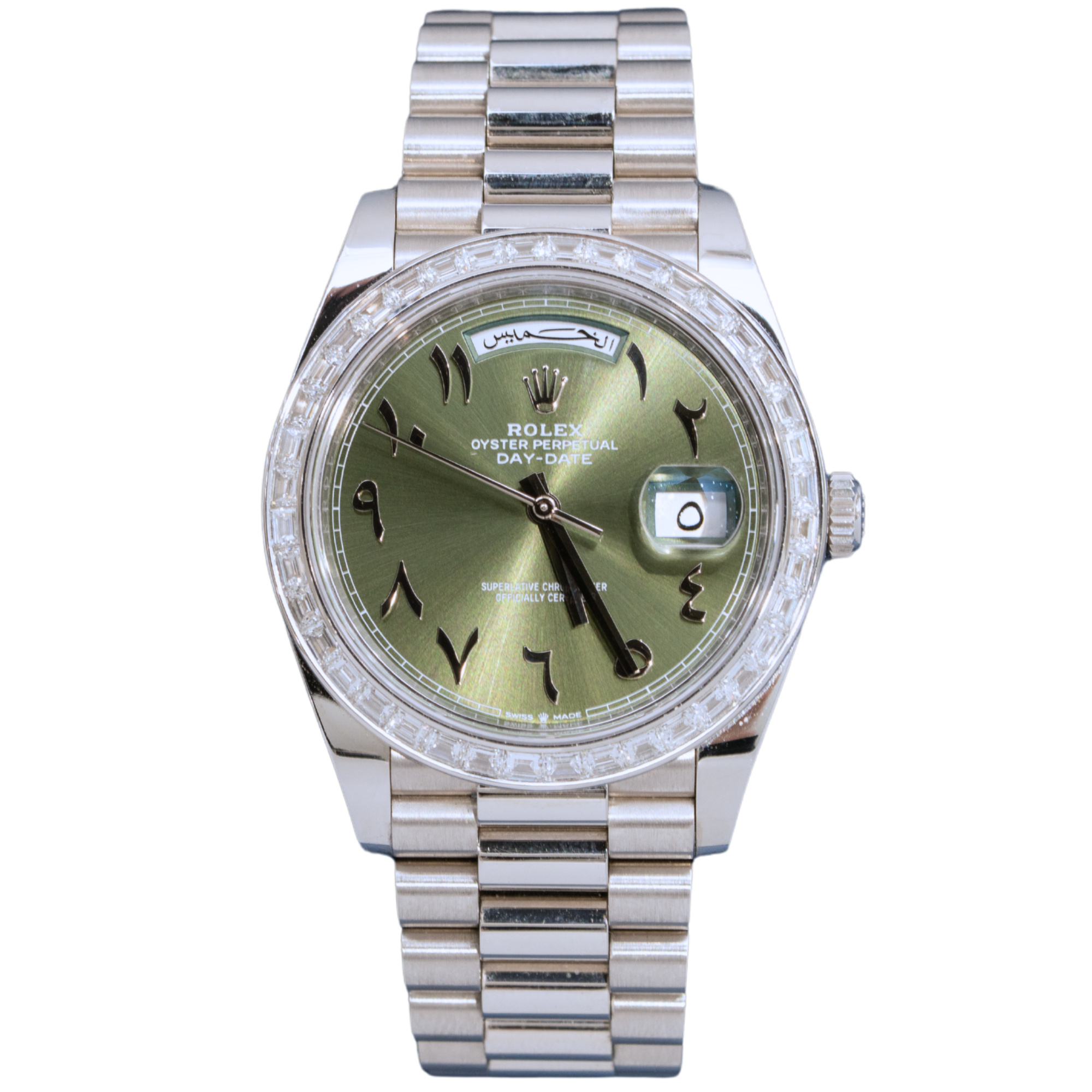 Rolex Day-Date Ref. 228396TBR Platinum Green Arabic Dial Baguette Bezel