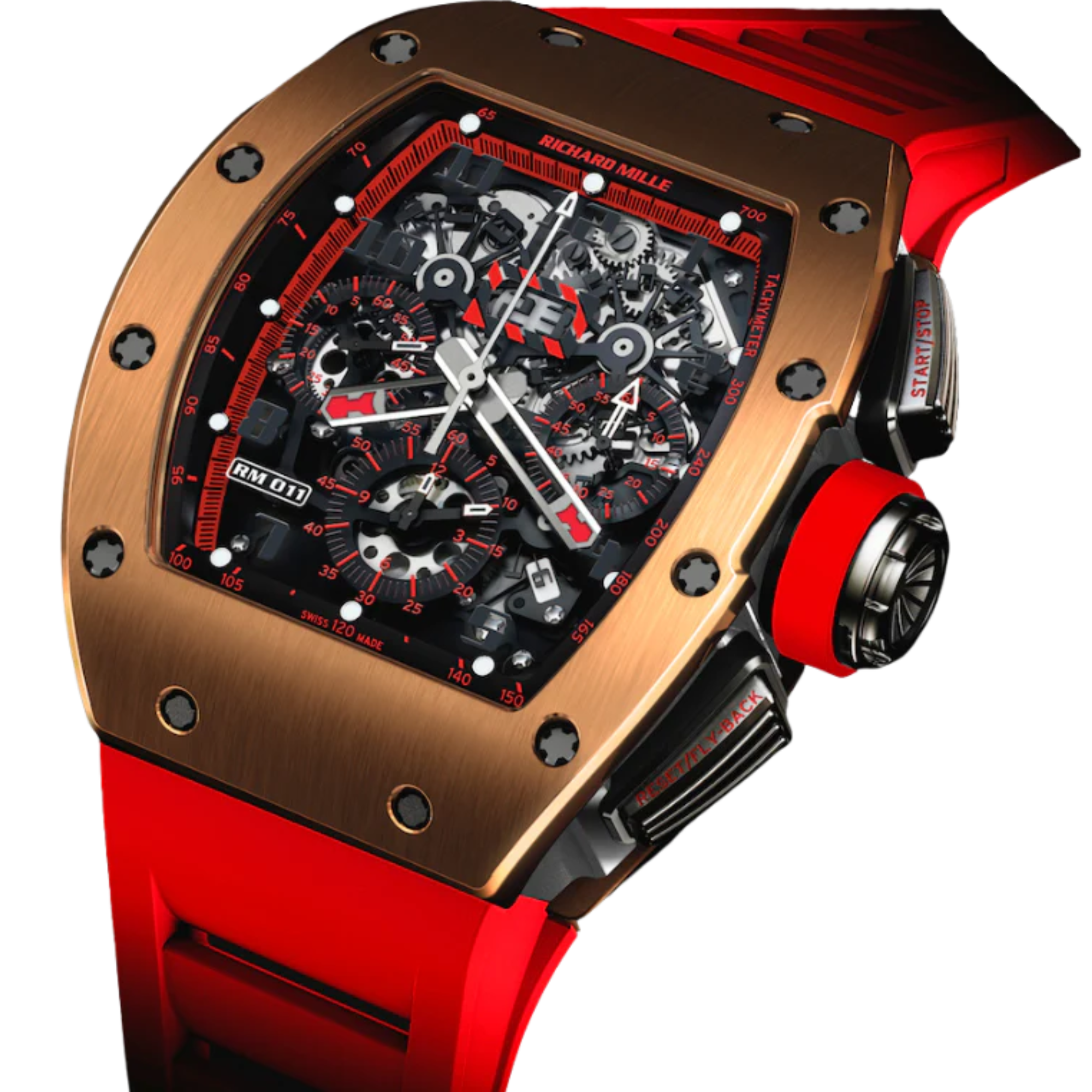 RM 011 Limited Edition Red Demon Rubber Strap Titanium Tonneau Case With a Rose Gold Bezel