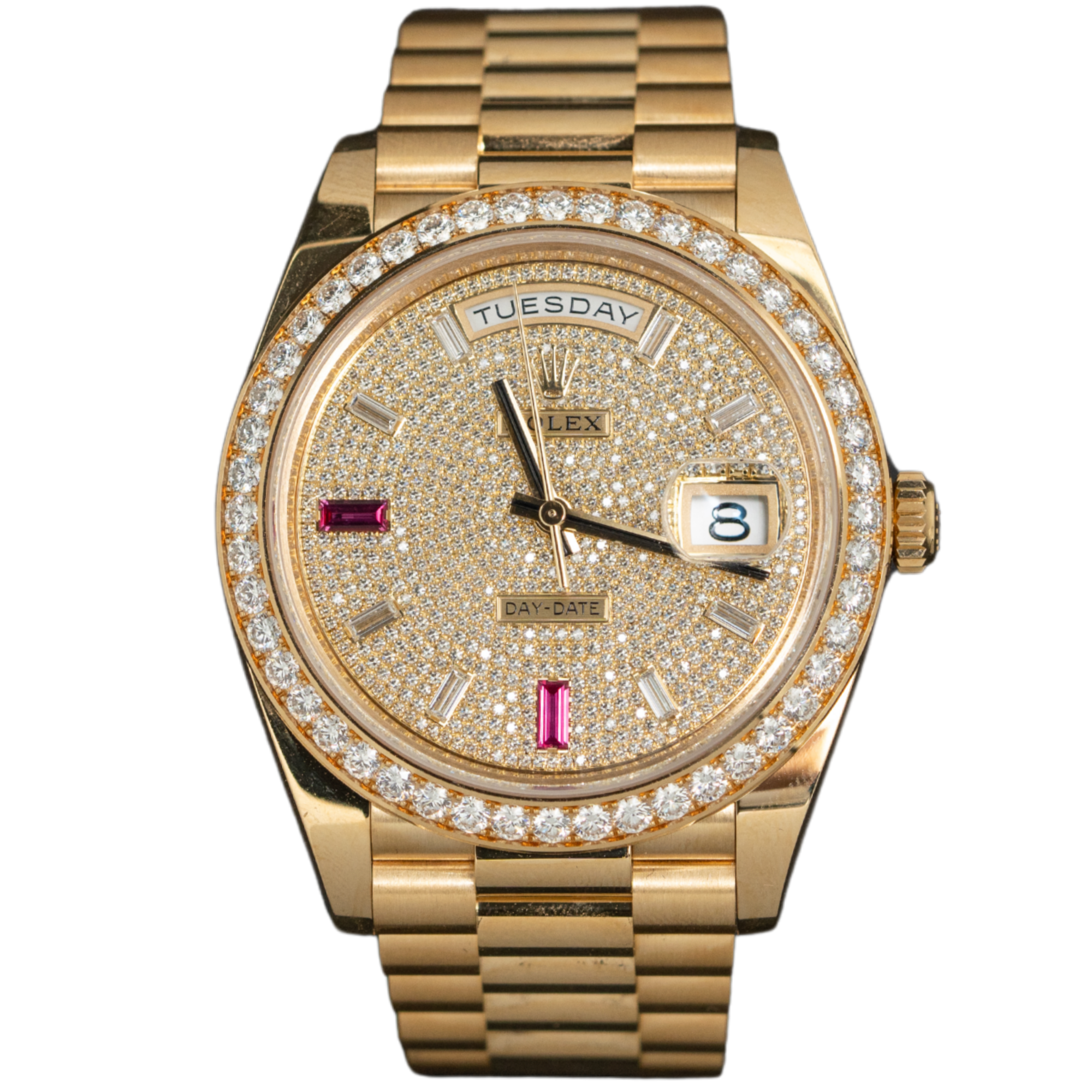 Rolex Day Date Ref. 228348RBR Yellow Gold Pave Dial/Ruby Indices with Baguette Bezel/Markers