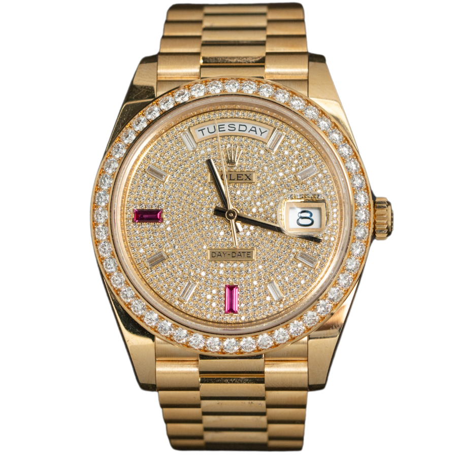 Rolex 228348RBR Yellow Gold Baguette-Set Pave Dial luxury watch at 1Luxury Miami