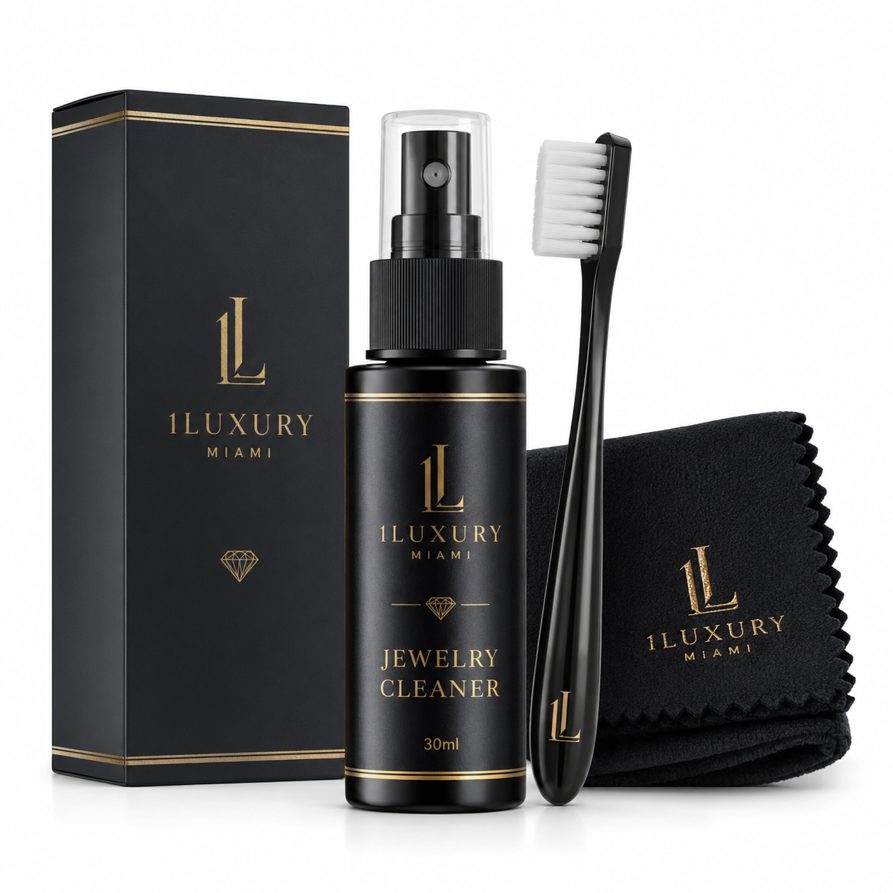 1Luxury Miami Jewelry Cleaner Kit – 30ml Spray, Brush & Polishing Cloth