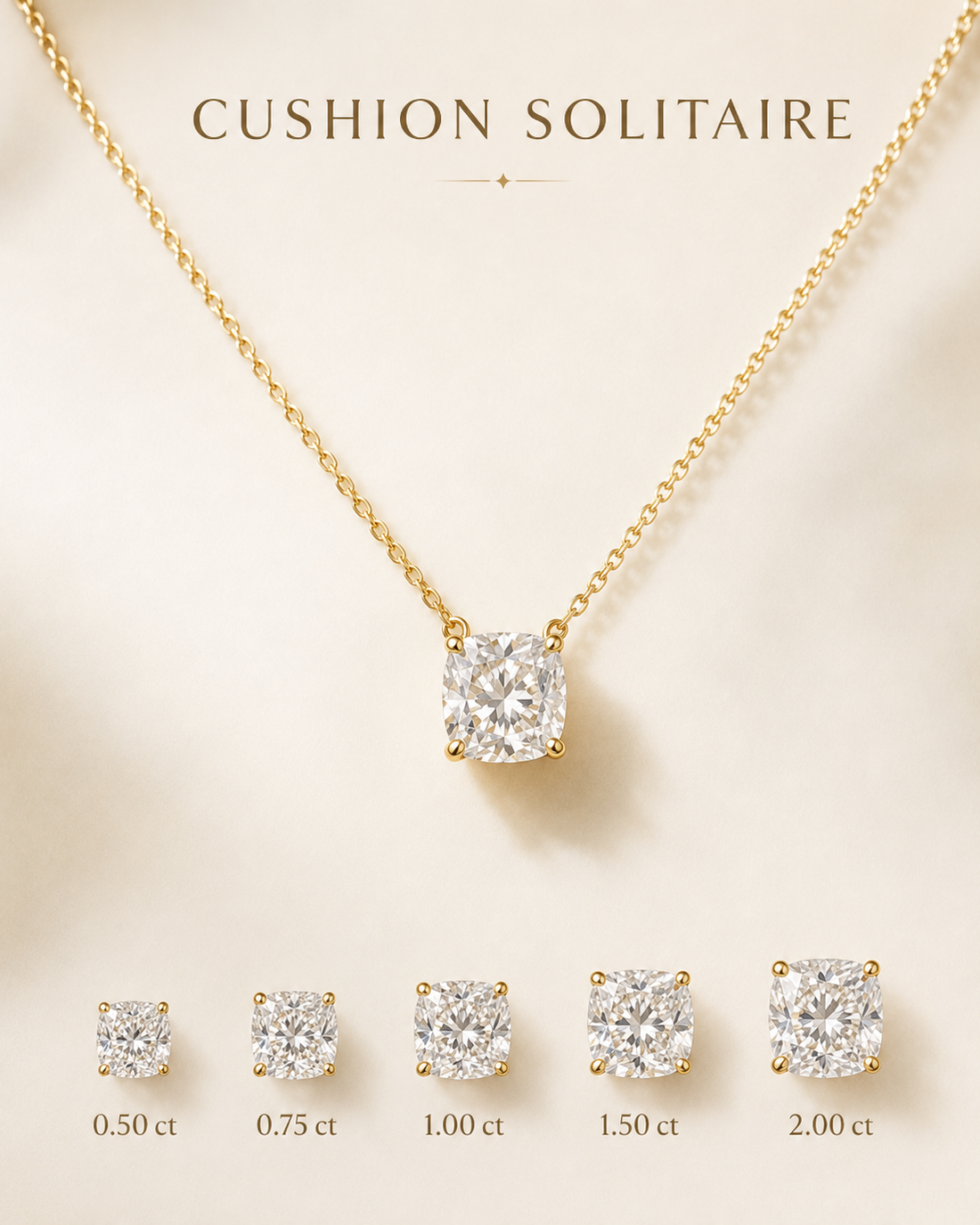 1Luxury Miami cushion-cut lab-grown or natural diamond solitaire necklace in solid gold with 18-inch cable-link chain — digital design representation