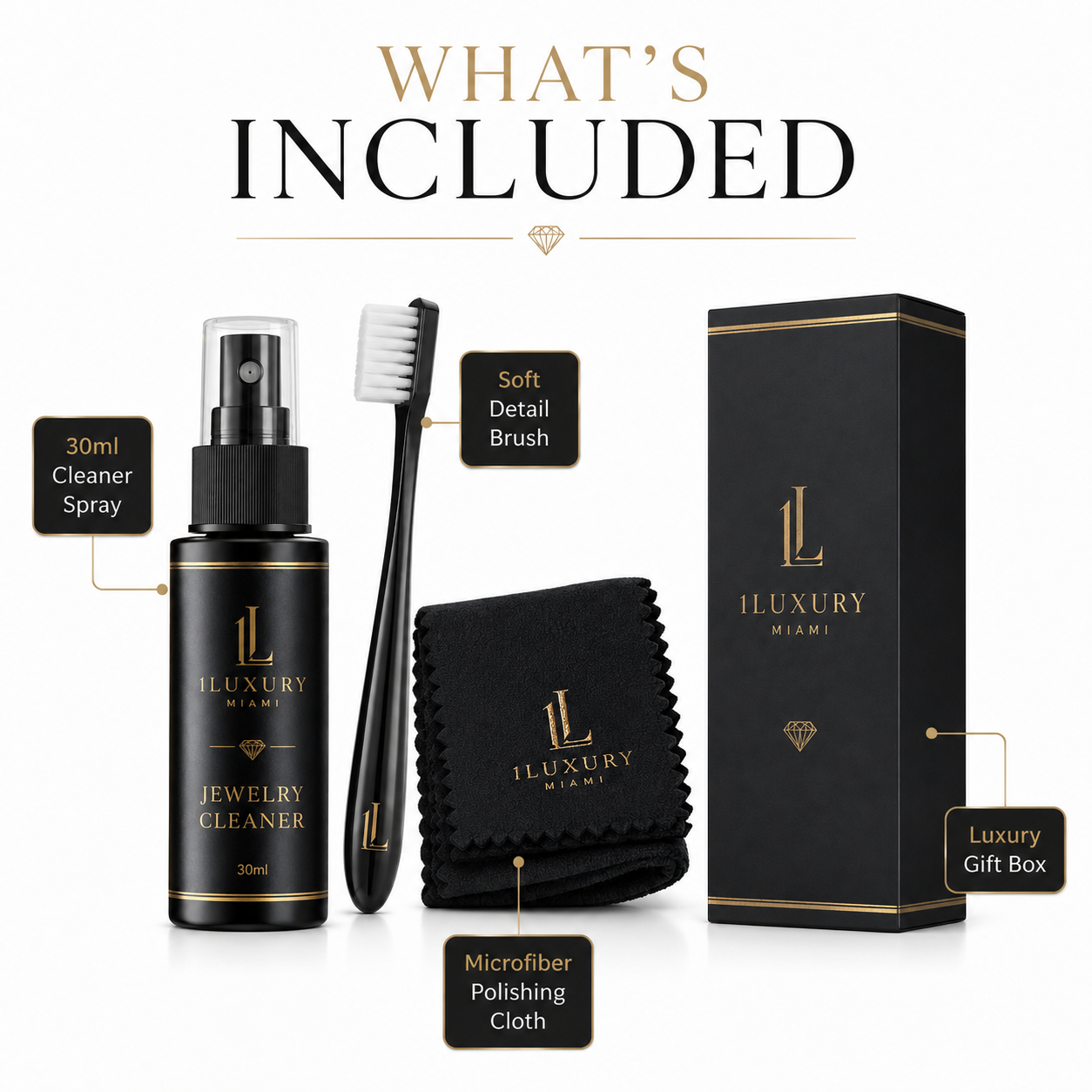 1Luxury Miami Jewelry Cleaner Kit – 30ml Spray, Brush & Polishing Cloth