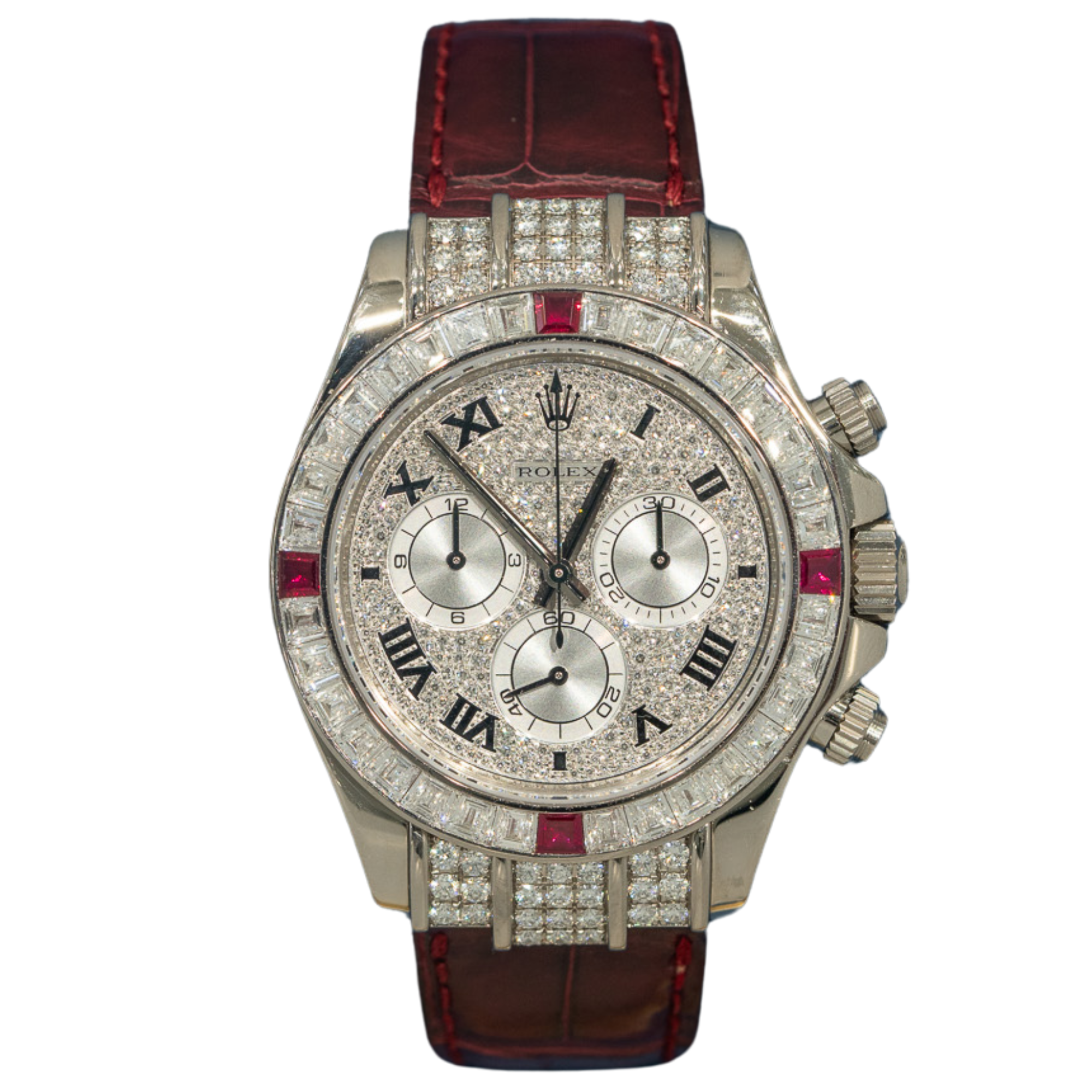 Rolex Daytona Ref. 116599RU White Gold Factory Baguette/Ruby Set on Leather