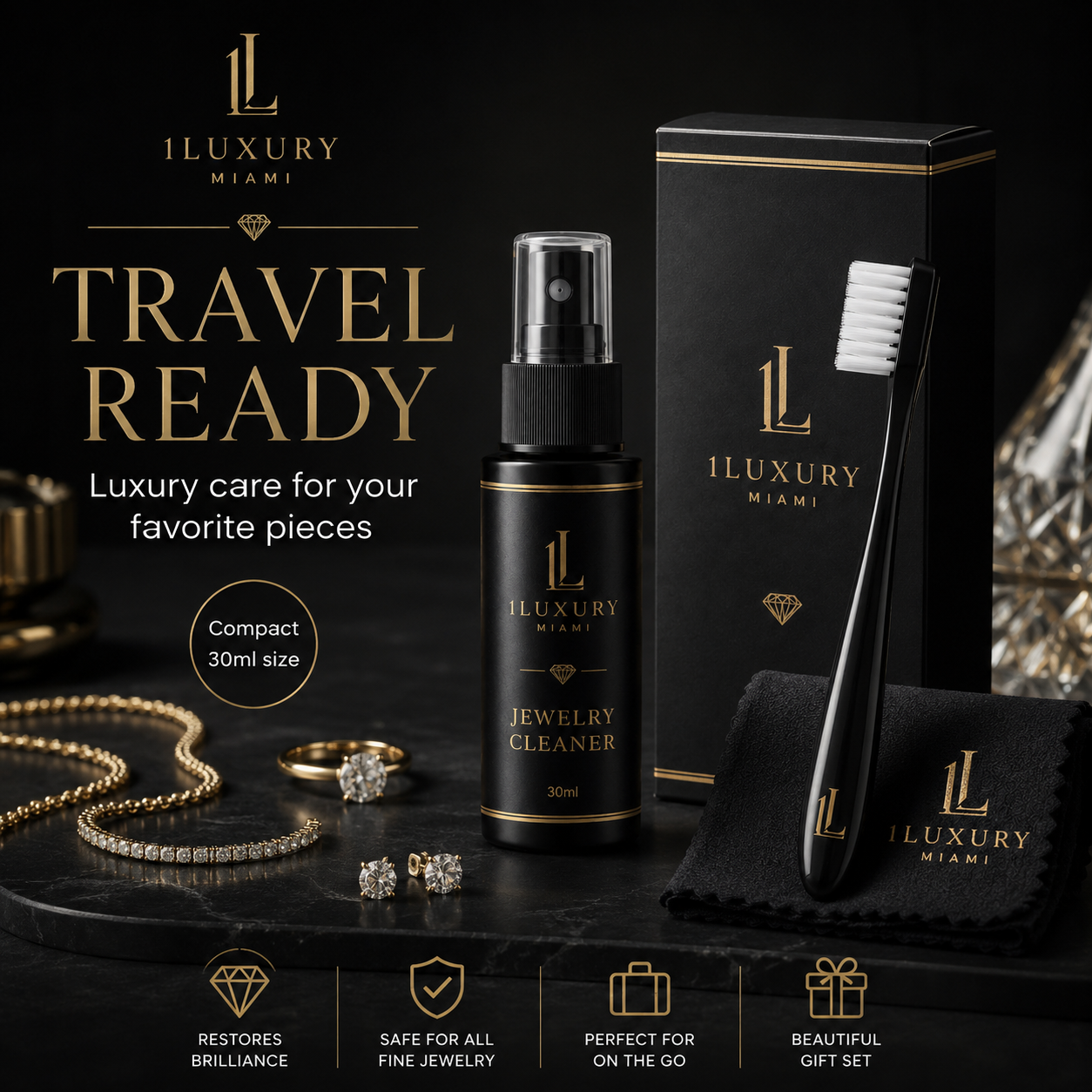1Luxury Miami Jewelry Cleaner Kit – 30ml Spray, Brush & Polishing Cloth
